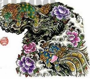 精美的牡丹唐狮纹身图案