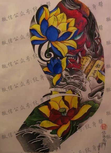 经典彩绘莲花纹身图案
