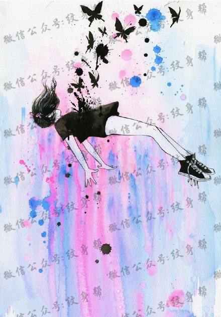 经典水彩蝴蝶小女孩纹身图案
