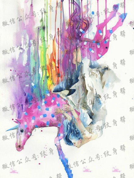 经典水彩奔驰的骏马纹身图案