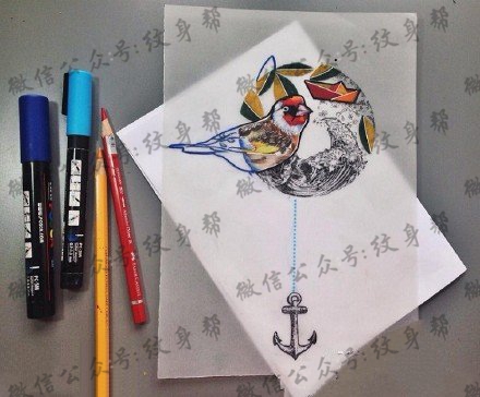 抽象派小鸟船锚手稿纹身图案