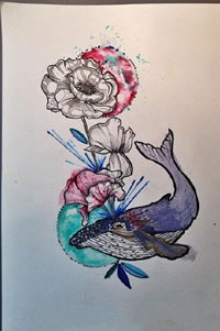 水墨风格鲸鱼花卉纹身图案