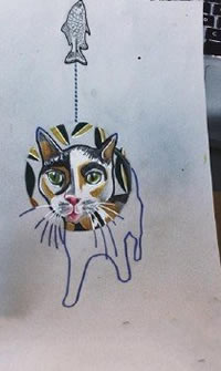 抽象派猫咪小鱼纹身图案