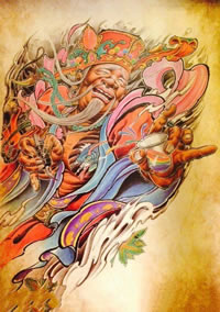 中国风土地神手稿纹身图案