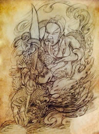 素描关二爷手稿纹身图案