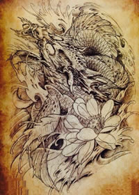 经典龙图腾莲花纹身图案