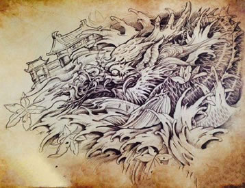 中国风经典龙图腾浪花纹身图案