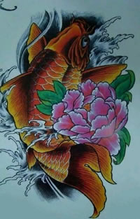经典彩绘娇艳的牡丹锦鲤纹身图案