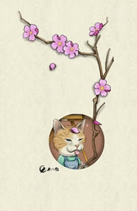 水彩猫咪樱花纹身图案