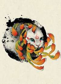 水墨风菊花小猫咪纹身图案