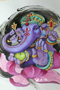 水彩莲花象神纹身图案