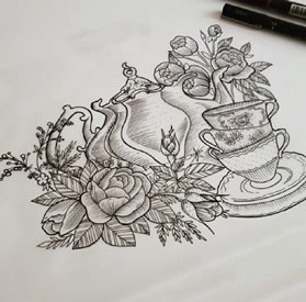 经典绘画茶具玫瑰花纹身图案