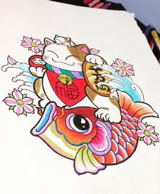 经典招财猫锦鲤纹身图案