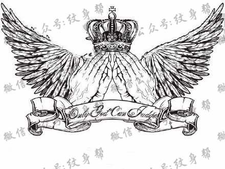 手稿皇冠翅膀纹身图案