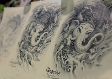 精美的象神手稿纹身图案