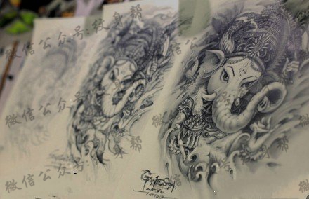 精美的象神手稿纹身图案