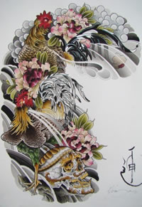 彩绘锦鲤骷髅牡丹纹身图案