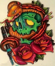 精美蛇骷髅玫瑰纹身图案