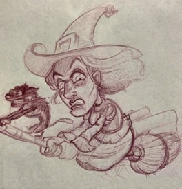 手绘骑扫把的女巫纹身图案