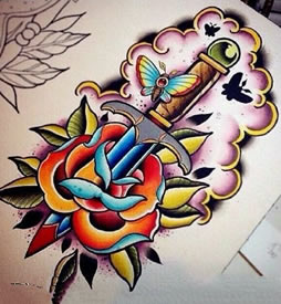彩绘匕首玫瑰花纹身图案