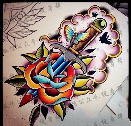 彩绘匕首玫瑰花纹身图案