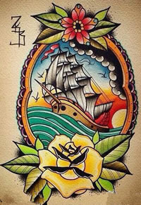 彩绘帆船花卉纹身图案