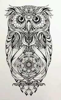 经典梵花元素猫头鹰纹身图案
