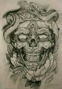 手绘蛇绕骷髅牡丹花纹身图案