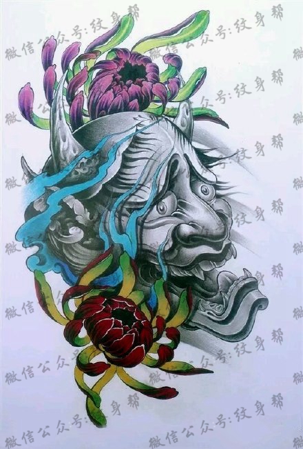 手绘菊花般若纹身图案