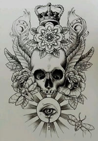 手绘皇冠骷髅花卉纹身图案