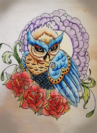 水彩猫头鹰玫瑰花纹身图案