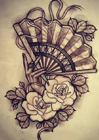手绘扇子玫瑰纹身图案