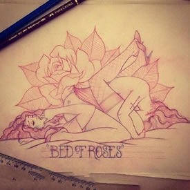 手绘美女玫瑰花纹身图案