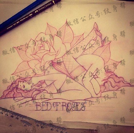 手绘美女玫瑰花纹身图案