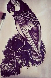 手稿经典的鹦鹉纹身图案