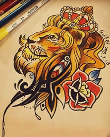手稿皇冠狮子纹身图案