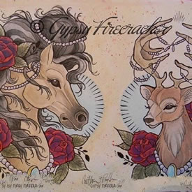 彩绘骏马小鹿纹身图案