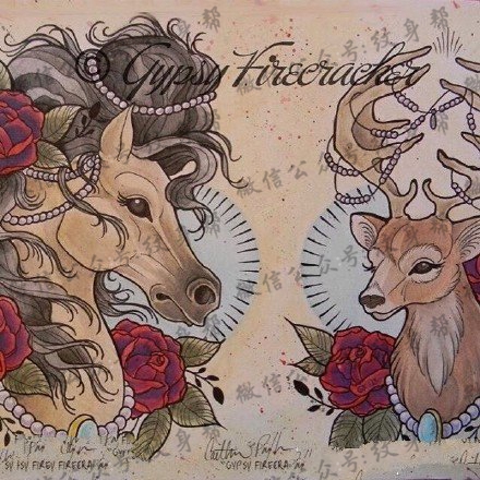 彩绘骏马小鹿纹身图案