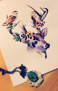 手稿鹿角花卉鸟儿纹身图案