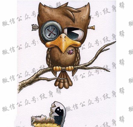 彩绘手稿猫头鹰纹身图案