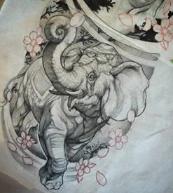 手绘逼真形象的大象纹身图案