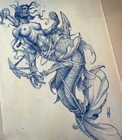 手绘美人鱼恶魔纹身图案