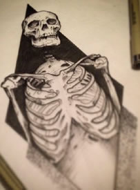 素描骷髅架纹身图案