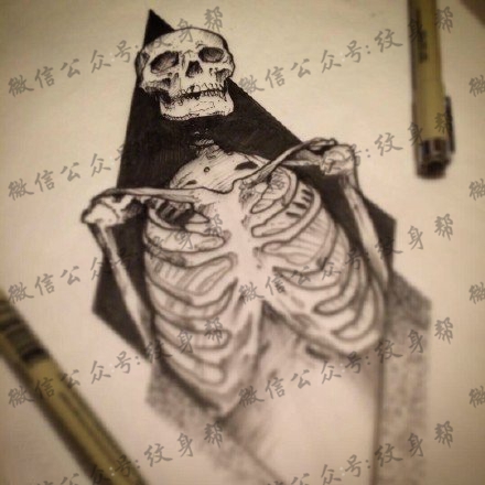 素描骷髅架纹身图案