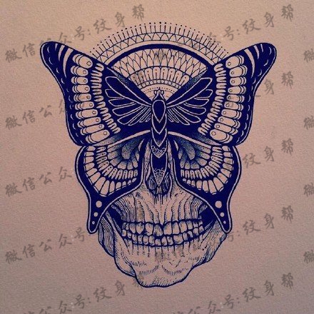 手绘骷髅蝴蝶纹身图案