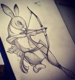 手稿素描射箭的小兔子纹身图案