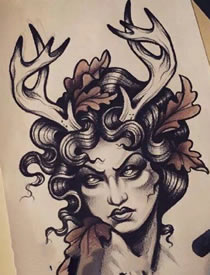 手稿鹿角美女纹身图案