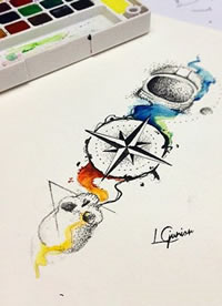 手稿水彩骷髅指南针纹身图案