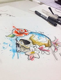 手稿水彩骷髅花卉纹身图案