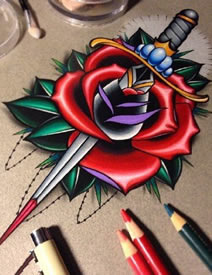 彩绘玫瑰匕首纹身图案